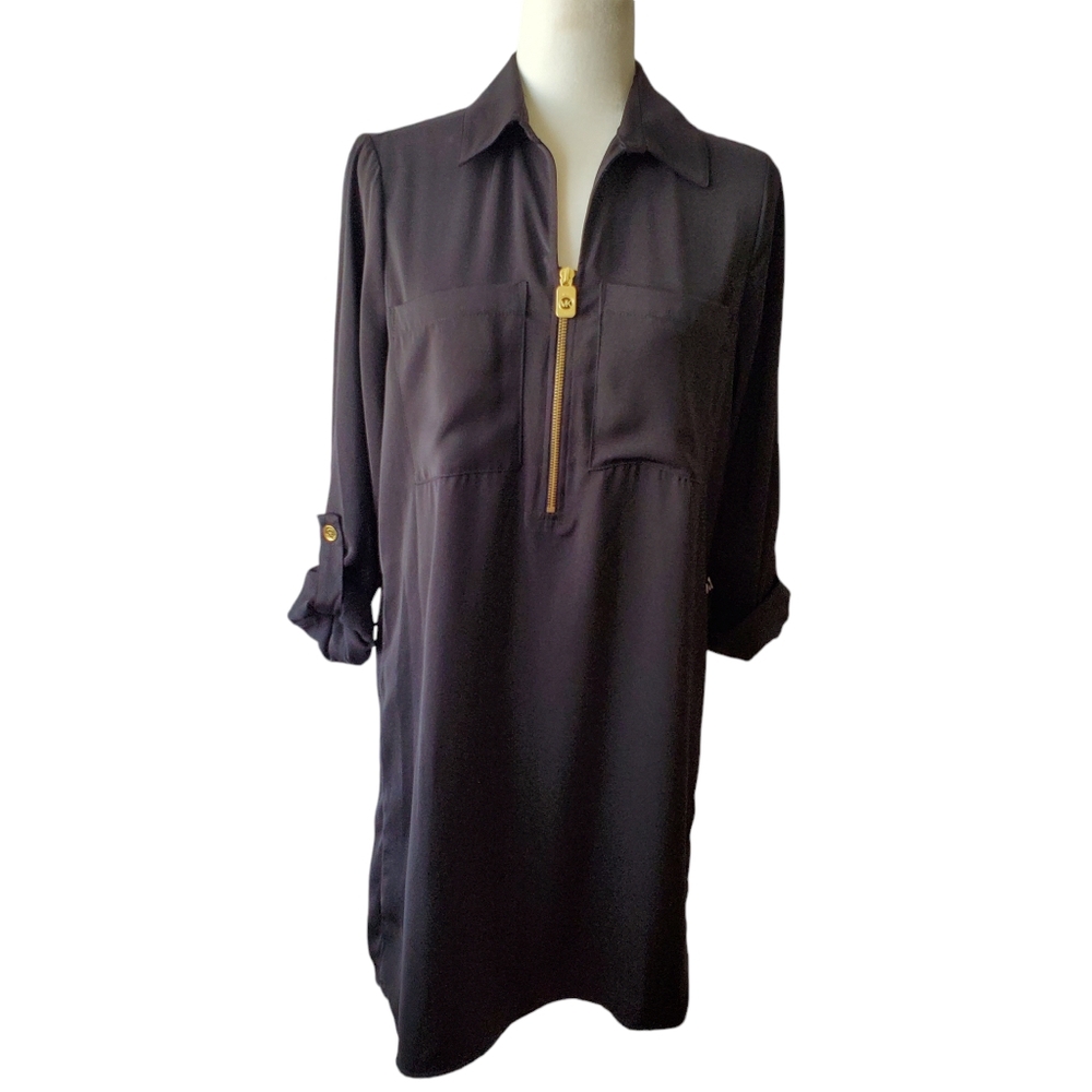 MIchael Michael Kors Shirt Dress Women Small Black 1/2 Zip Roll Tab Sleev Gold S